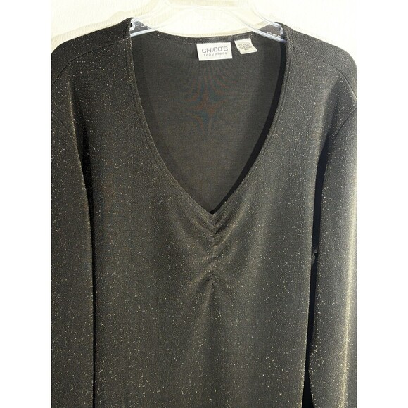 Chico’s Travelers Black Gold Metallic V neck Sz 3  X-Large Womans Blouse Stretch - Picture 3 of 7